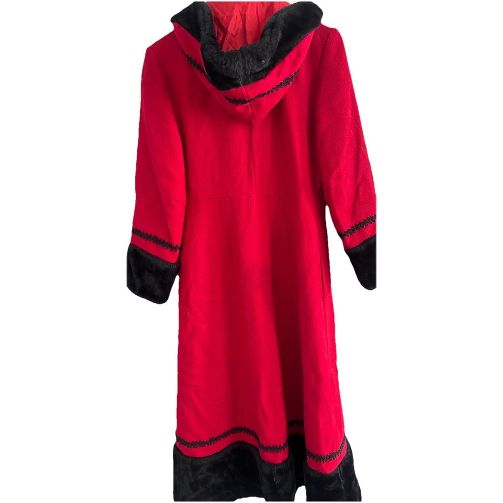 Vintage 1960s Red Princess Coat Wool Black Faux Fur Trim Hoood Long Sz S A-Line - Picture 10 of 16